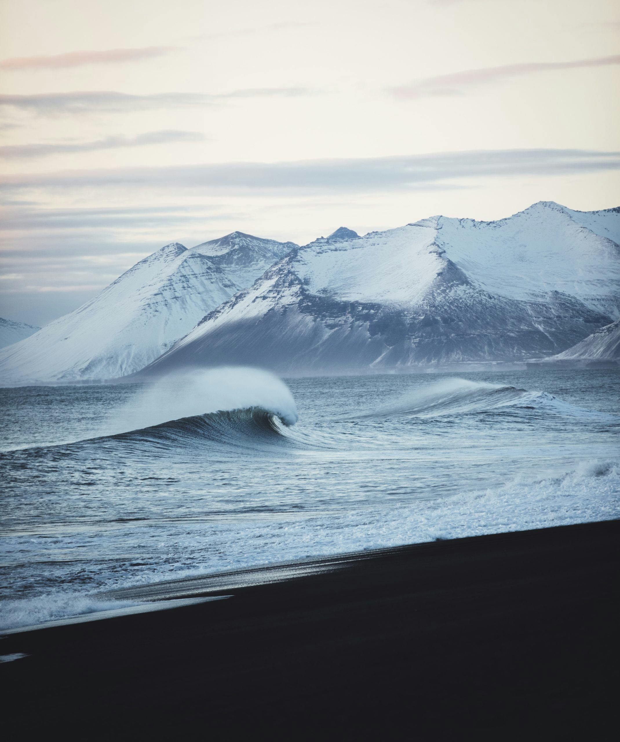 Wave in iceland coast with snow mountains in the background